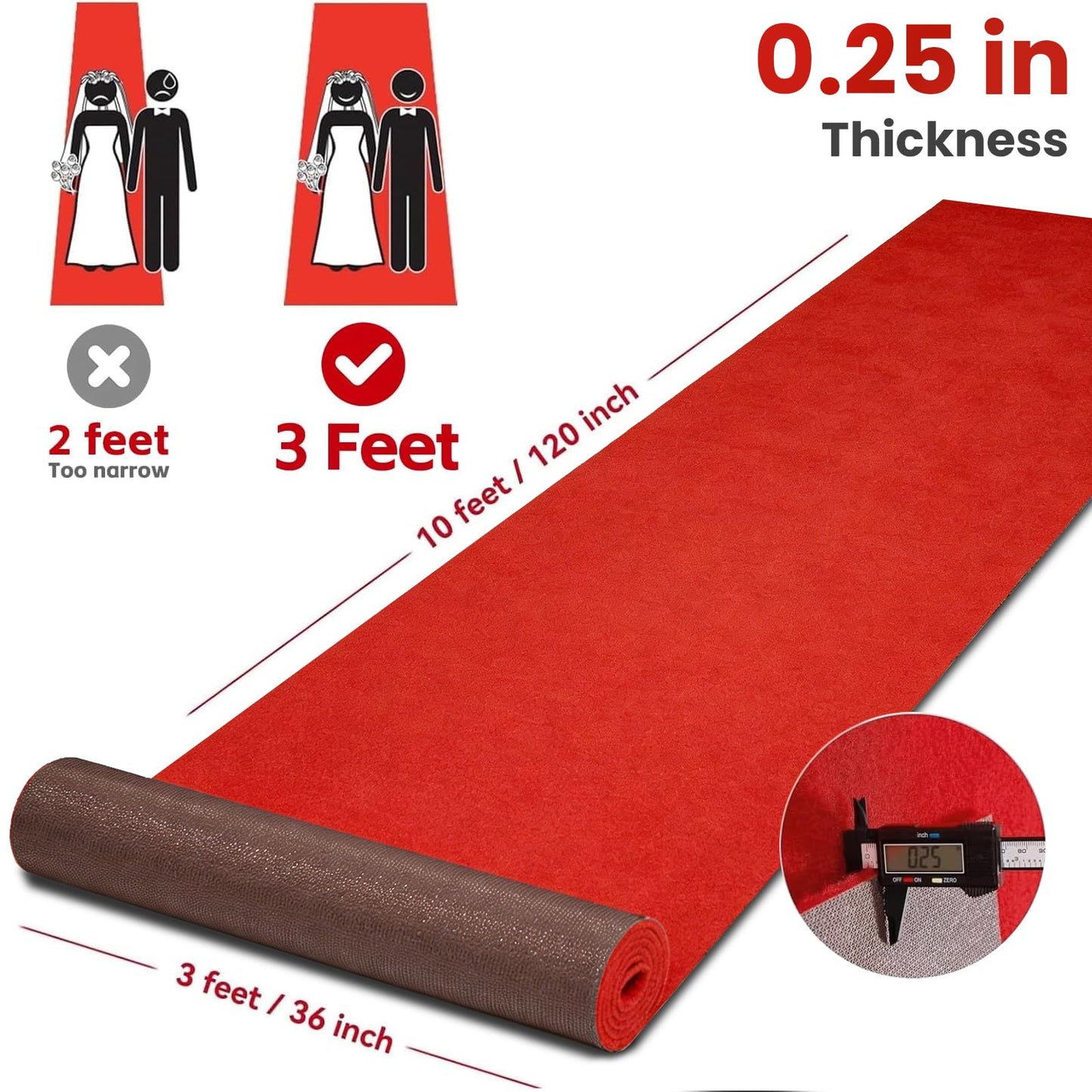 Red Carpet Runner 3x10 ft, Extra Thick 450 GSM Aisle Runner Rug, Non Slip 480 GSM TPR Rubber Backed Event Carpet Runner for Wedding, Party, Prom, Hollywood Runway, VIP Entrance
