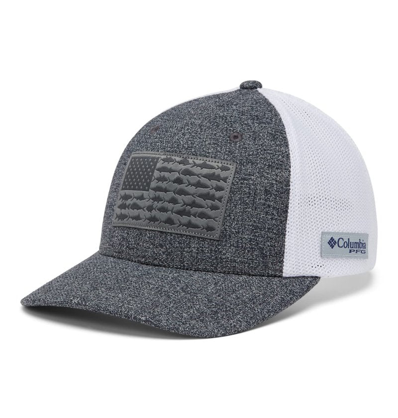 Columbia Unisex PFG Mesh Fish Flag Ball Cap, Breathable, Adjustable, Grill Heather/White/Us Fish Flag, Large-X-Large