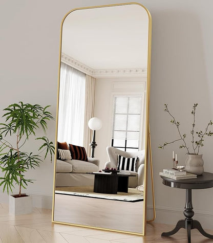Koonmi Full Length Mirror, 65"x24" Mirror Full Length with Stand, Gold Domed Top Square-Edged Floor Mirror with Aluminum Alloy Frame for Bedroom Living Room