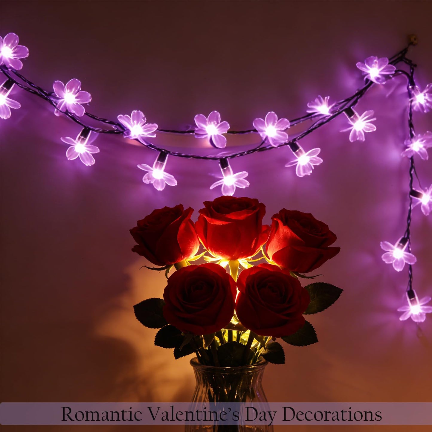 Purple Flower Fairy String Lights on Black Wire, Plug in Connectable 33FT 100 LED Waterproof with 8 Modes for Indoor Outdoor Christmas, Valentine's Day, Wedding Party & Patio Balcony Ambiance