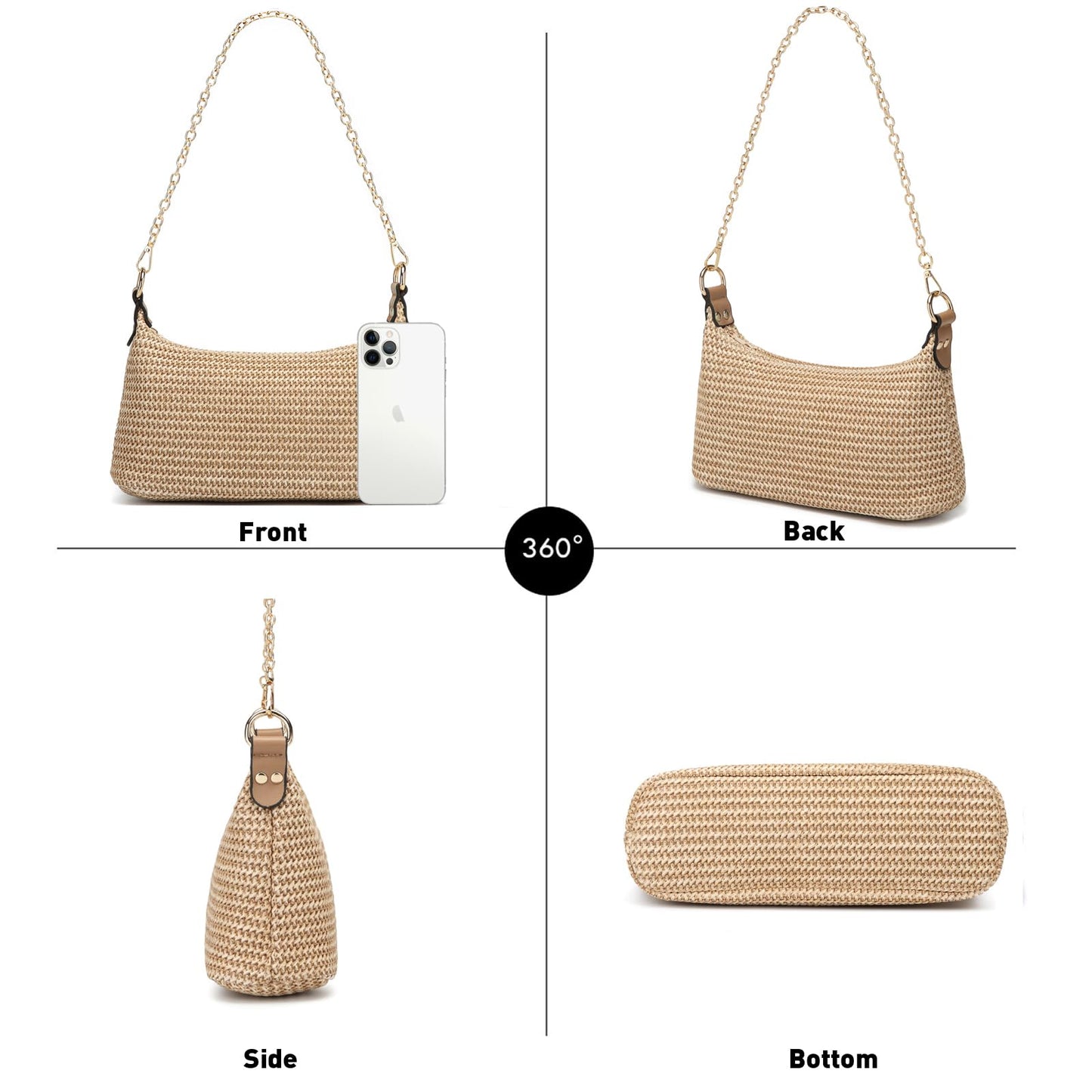 CROJUYI Straw Shoulder Bag for Women Soft Small Woven Shoulder Purse Handbag,Beach Tote Straw Bag for Summer