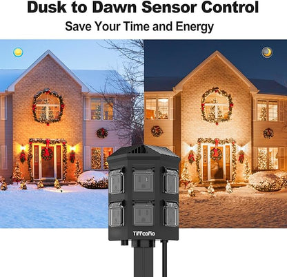 TiFFCOFiO Outdoor Power Strip with 25FT Extension Cord, Remote Control Dusk to Dawn Light Timer Waterproof, 6 Grounded Outlets for Halloween Inflatables and Decorations, ETL Listed
