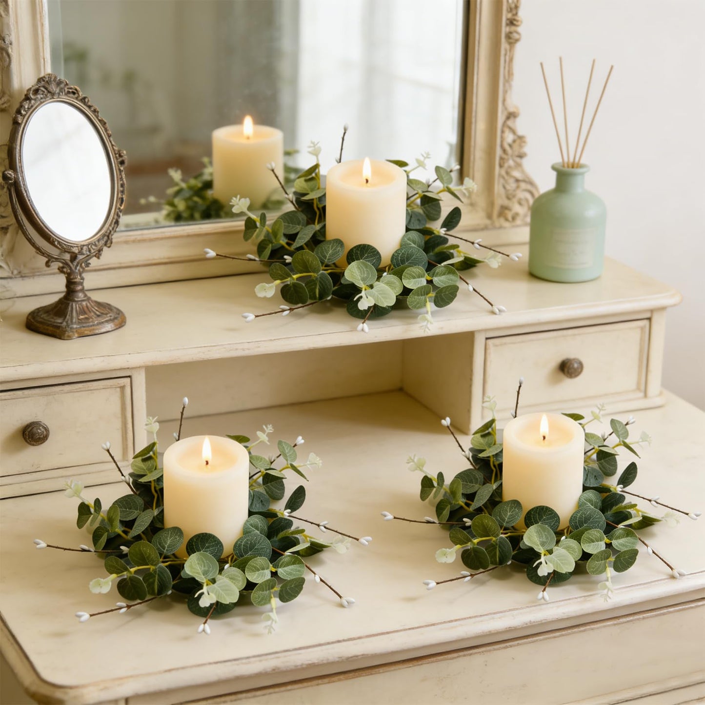 4 Pcs Small Spring Summer Candle Ring Wreaths with Artificial Eucalyptus Greenery White Buds Branches Mini Pillar Candle Holder Wreath for Home Table Centerpieces Kitchen Wedding Farmhouse Party Decor