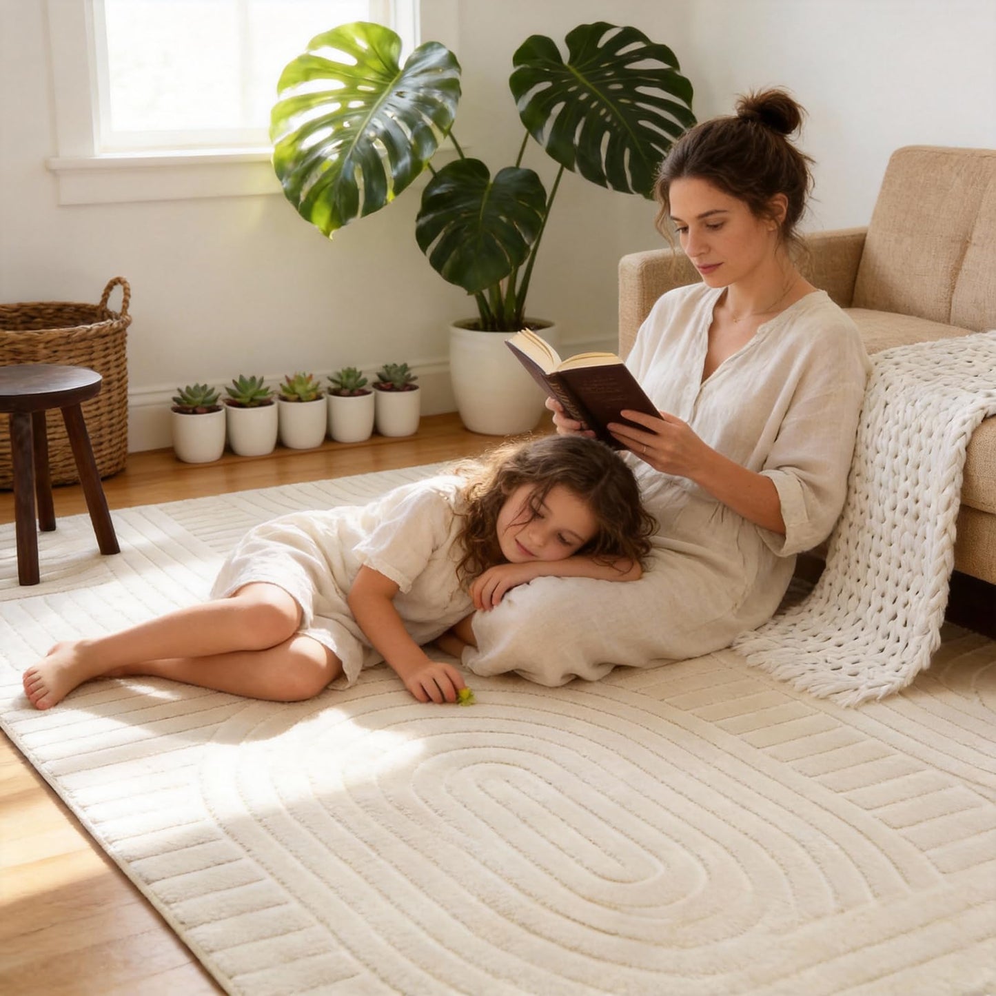 MATIIUI 5x7 Geometric Solid Beige Area Rug – Washable, Durable Non-Slip Indoor Carpet with Soft High-Low Pile, Fluffy Floor Rugs for Living Room, Bedroom, Bedside, Kids Room, Nursery,Home Office Décor