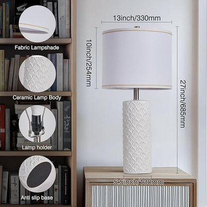 27" Farmhouse Bedside Table Lamp Set of 2, White Modern Ceramic Lamps for Living Room, 3 Color Temperature Rustic Table Lamps for Bedroom, Night Stands, Dorm,Office, Home Décor (Bulb Included