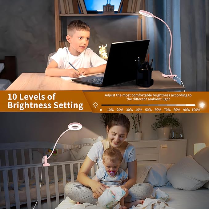 iZELL Desk Lamp, LED Reading Light with Clamp, 3 Color Modes & 10 Brightness Flexible Gooseneck Book Light for Kids Reading Book in Bed at Night Clip on Table, Computer, Zoom Meetings - 27.6‘’ Pink