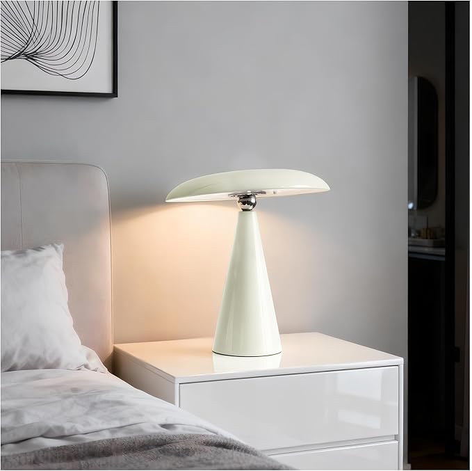 Mushroom Lamp Mid Century Modern Table Lamp, LED Cordless Rechargeable Bedside Light, Dimmable Touch 3-Color Temp, Retro Small Lamp for Bedroom, Living Room，Aesthetic Decor (Cream)