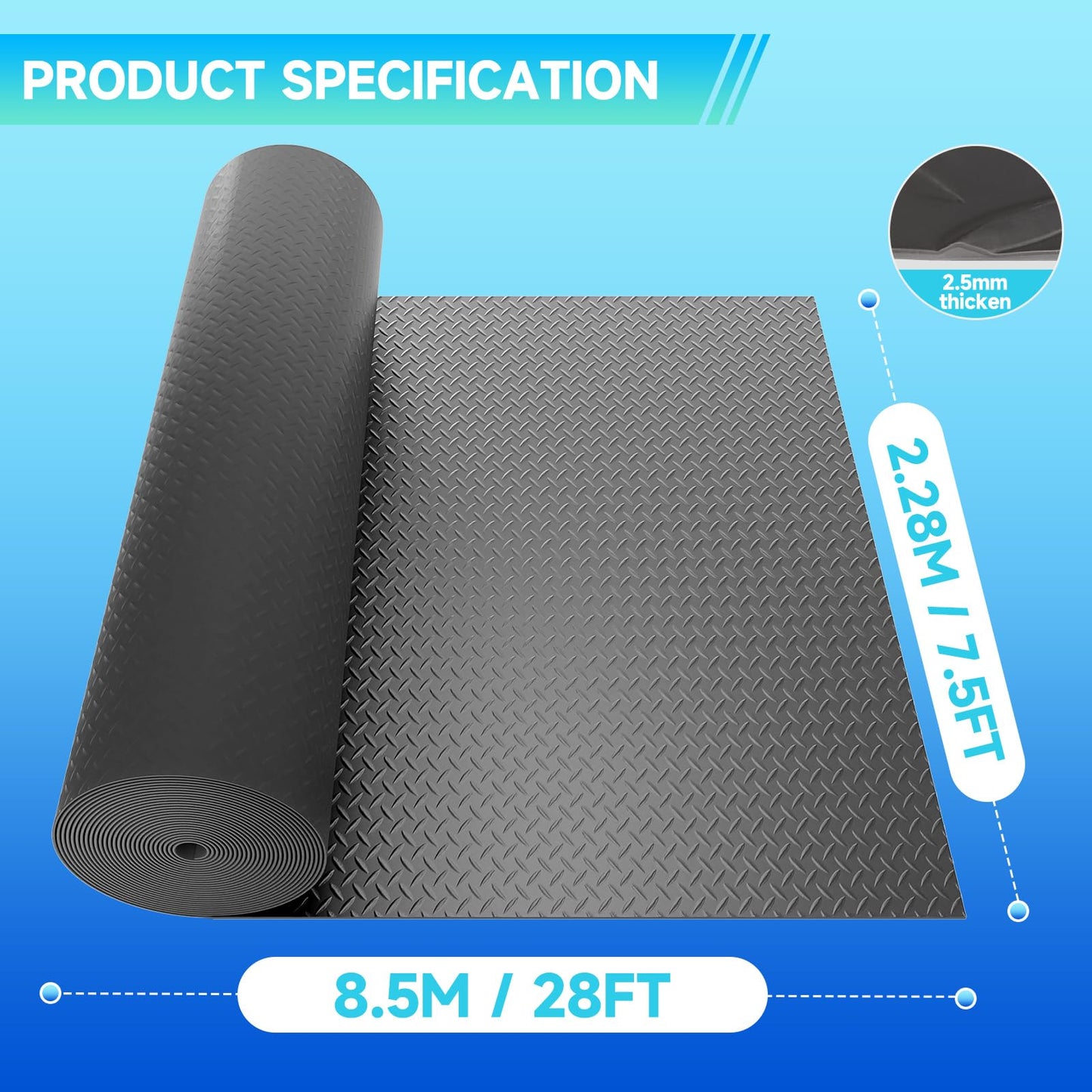 Best brose 7.5 x 28 FT Garage Floor Mat, Thickened Diamond Plate PVC Garage Mats Flooring Roll for Under Car, Garage Car Parking Mats for Compact SUVS, Sports Car，Silver