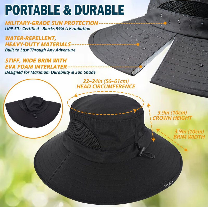 EINSKEY Unisex Sun Hat, Waterproof Wide Brim Bucket Hat Packable Boonie Hat for Fishing Hiking Gardening Safari Beach