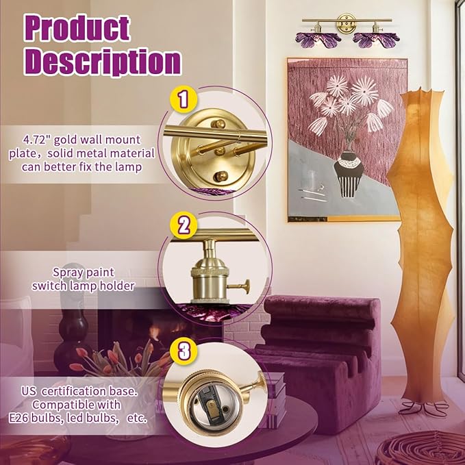 Gold Bathroom Vanity Lights Over Mirror, 2 Light Vintage Wall sconces with Purple Glass Shade Bathroom Lighting Fixture mid Century Wall Sconce Glass Wall Lighting for Bedroom Doorway Hallway