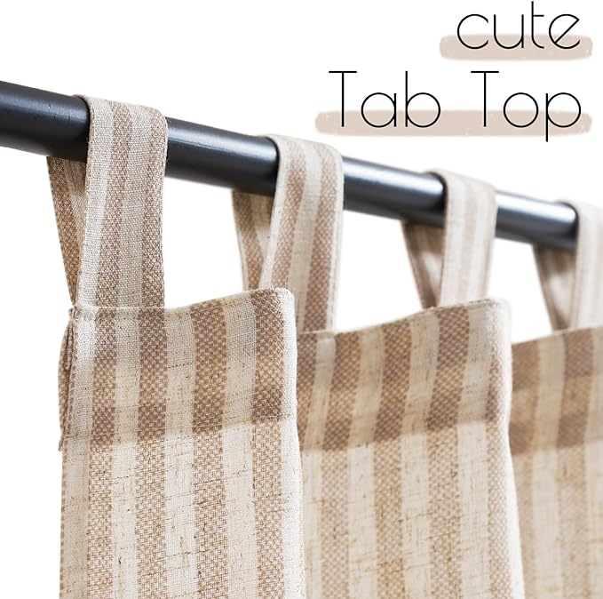 jinchan Tab Top Linen Kitchen Curtains 24 Inches Striped Tier Curtains Farmhouse Modern Cafe Style Small Window Treatments Airy Light Filtering Rod Pocket for Living Room Bathroom 2 Panels Tan