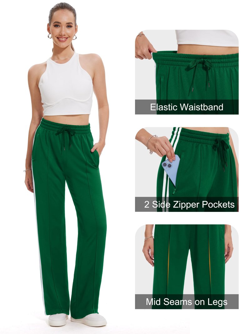 Tapata Tall Women 34" Inseam Warm Up Track Pants Wide Leg Sweatpants Lightweight Side Stripe Ladies Slacks Workout, Green, L