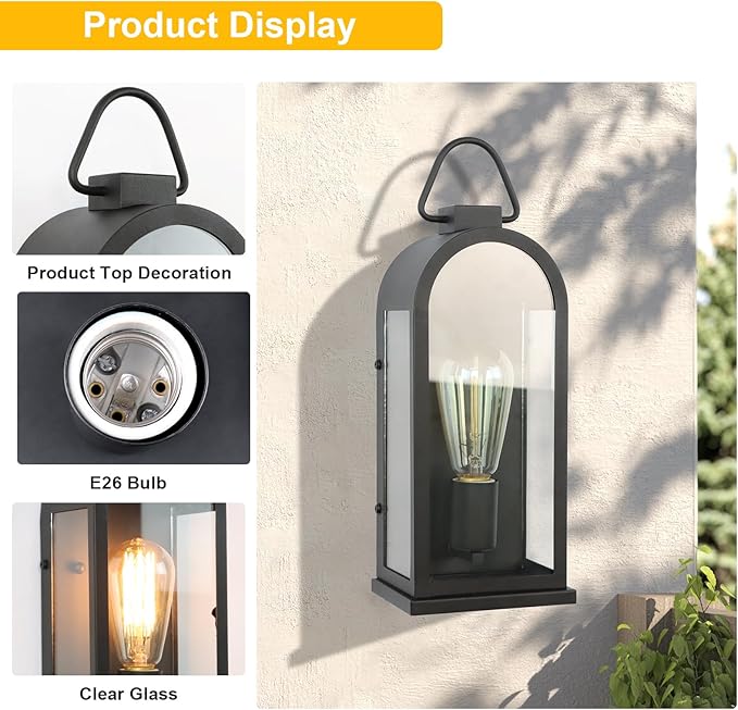 Vintage Outdoor Wall Light Fixtures (2 Pack) - Matte Black Porch Lantern/Exterior Wall Sconce, Glass Shade, Sturdy Metal Frame, Waterproof & Anti-Rust, for Entryway/Garage/Patio/Doorway, E26 Socket
