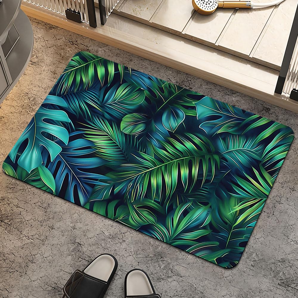 Bath Mat Rug,Green blue tropical leaves Non Slip Quick Dry Super Absorbent Thin Bathroom Rugs Fit Under Door-Easy to clean Bathroom Floor Mats-Shower Rug for Shower Sink Bathtub(16" x 24"In)