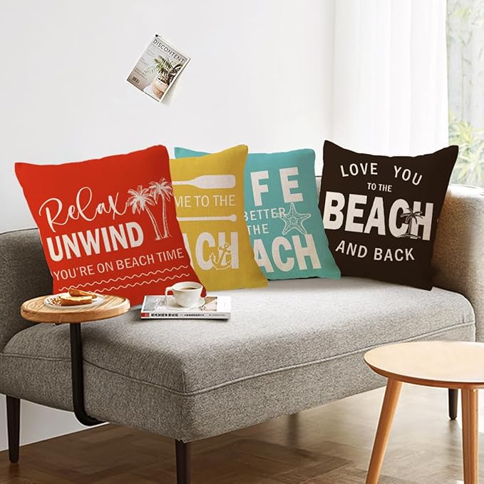 ULOVE LOVE YOURSELF Coastal Beach Throw Cushion Covers Double-Sided Tropical Palm Paddles Anchor Starfish Summer Beach House Decorative Pillowcase 18 x 18 Inch 4Pack Porch Patio Decor (Multi)