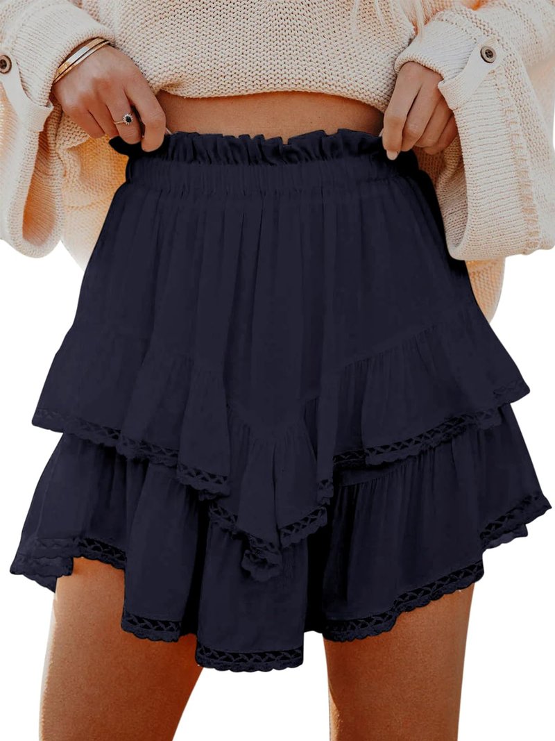 Aoudery Flowy Shorts for Women Casual Boho Ruffle Tiered Skorts High Waist Mini Skirts Golf Tennis Butterfly Crochet Shorts - Navy Blue M