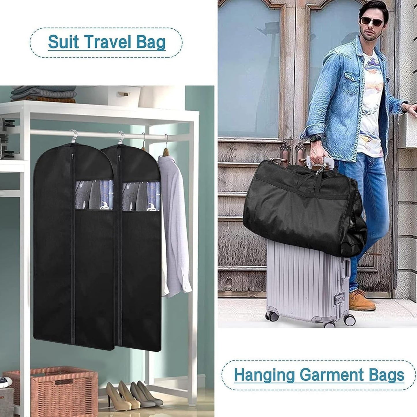 DOTUHAO Garment Bag, 24'' x 55'' Suit Bag, 4 Packs, Dress Bags for Gowns, Garment Bags for Travel, Travel Garment Bag, Garment Bags for Hanging Clothes, Washable Suit Cover for Suits, Coats (Black)