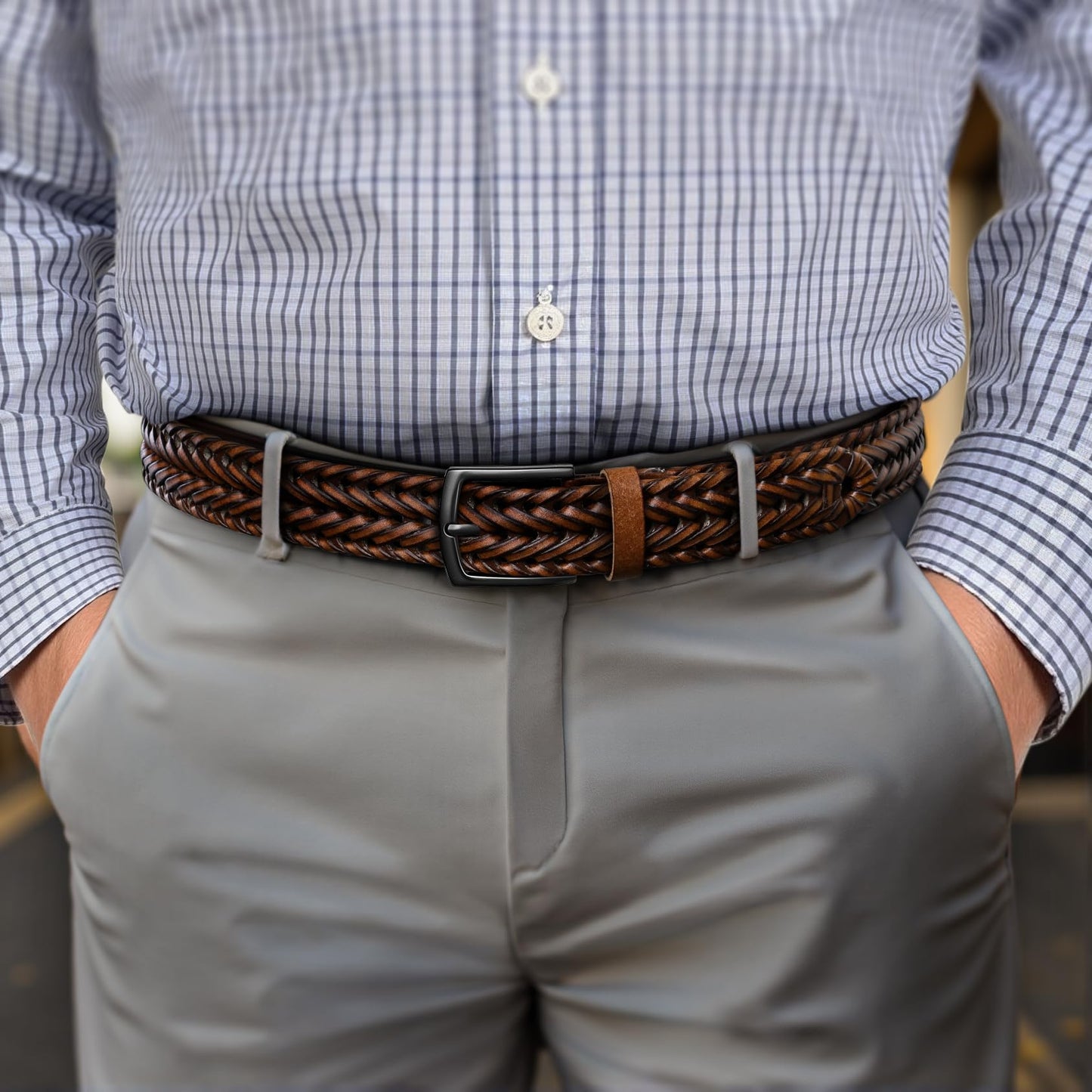 KEMISANT Men Belt, Braided Belt Comfortable For Men Casual Jean Golf 1 3/8"(Light Brown,32"-36" Waist Adjustable)