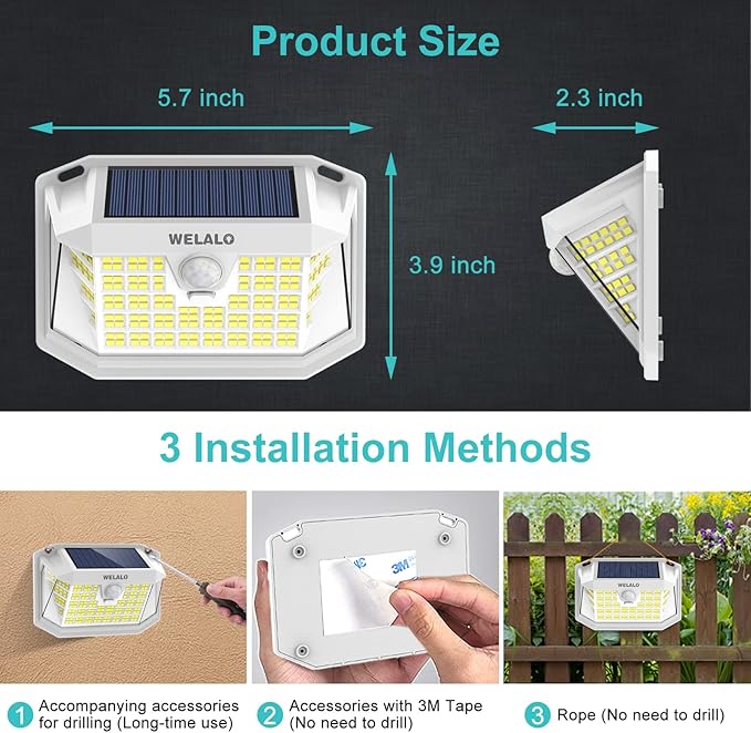 WELALO Solar Motion Sensor Lights Outdoor, [3 Modes/4 Pack/188 LED] 270° Wide Angle Lighting, Security Solar Powered Wall Lights, IP65 Waterproof Flood Lights for Fence Porch Yard Patio(White)