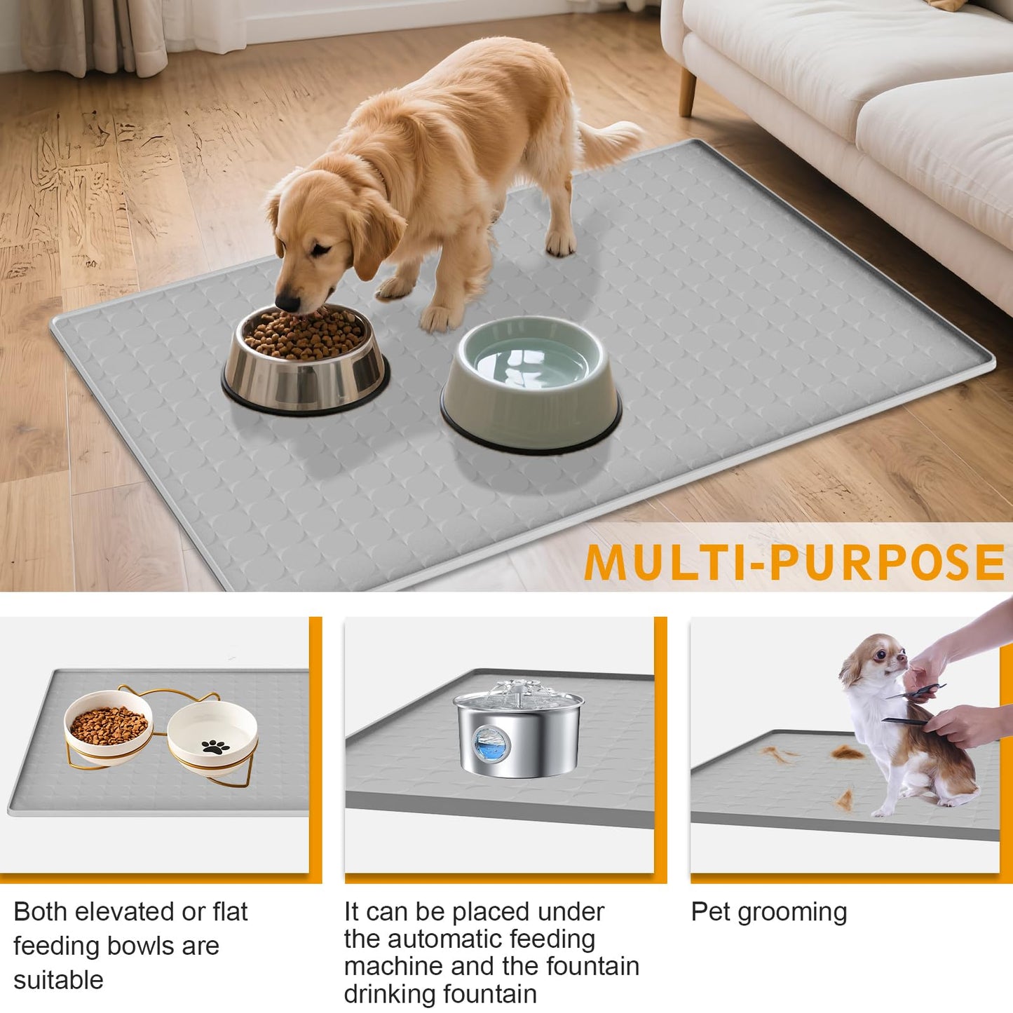 Extra Large Silicone Dog Food Mat 33.9"x21.9" – 0.27" Raised Edge Waterproof Pet Feeding Mat, Non-Slip Placemat for Multiple Bowls, Auto Feeders, Cat Fountains, Dishwasher Safe (Black/Gray)