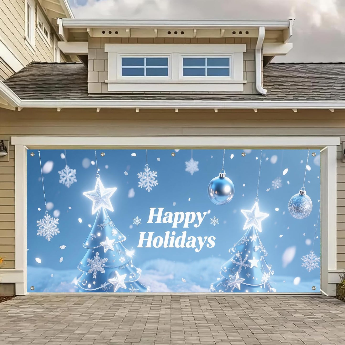 HOMETITUTE Happy Holidays Garage Door Banner 13x6ft Christmas Tree Snowflakes Theme Backdrop Holiday Seasonal Decor Door Cover Banners for Outside Garage Wall Covering for Party Garage