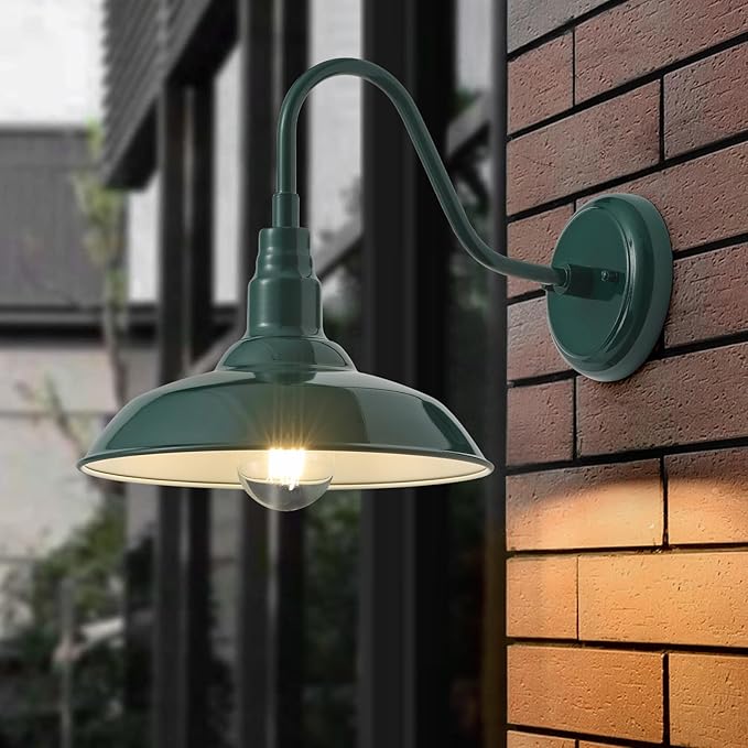 10in Outdoor Gooseneck Barn Light Wall Mount, Green Exterior Farmhouse Porch Lights with White Interior Small Dome Outdoor Patio Gooseneck Wall Sconce Garage Lighting for House, Cabin