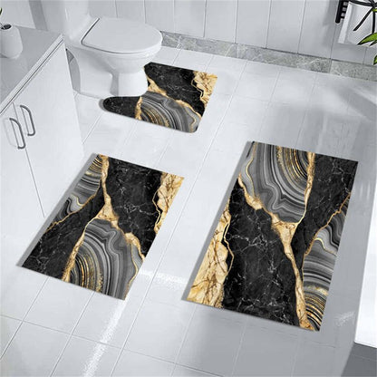 MUGINYU Black and Gold Rug for Bathroom Decor,Black and Gold Bathroom Rugs Sets 3 Piece,Marble Decor Thin Rubber Diatomaceous Earth Quick Dry Rugs with U-Shaped Contour Toilet Mat