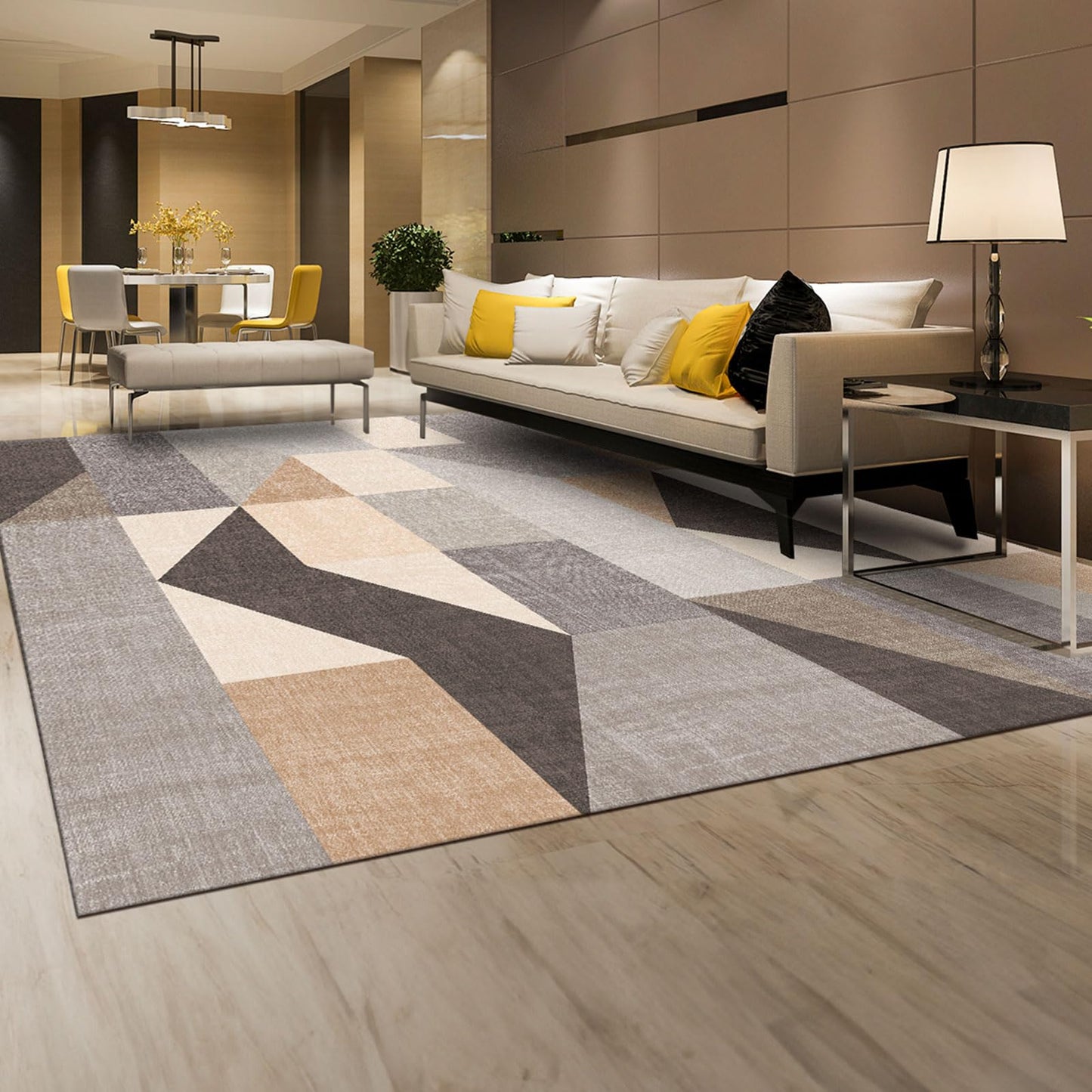 HOMFINE Modern Geometric Area Rug – Machine Washable & Non Slip, Soft Non Shedding Rug for Living Room and Bedroom - Grey Brown, 5'x7'