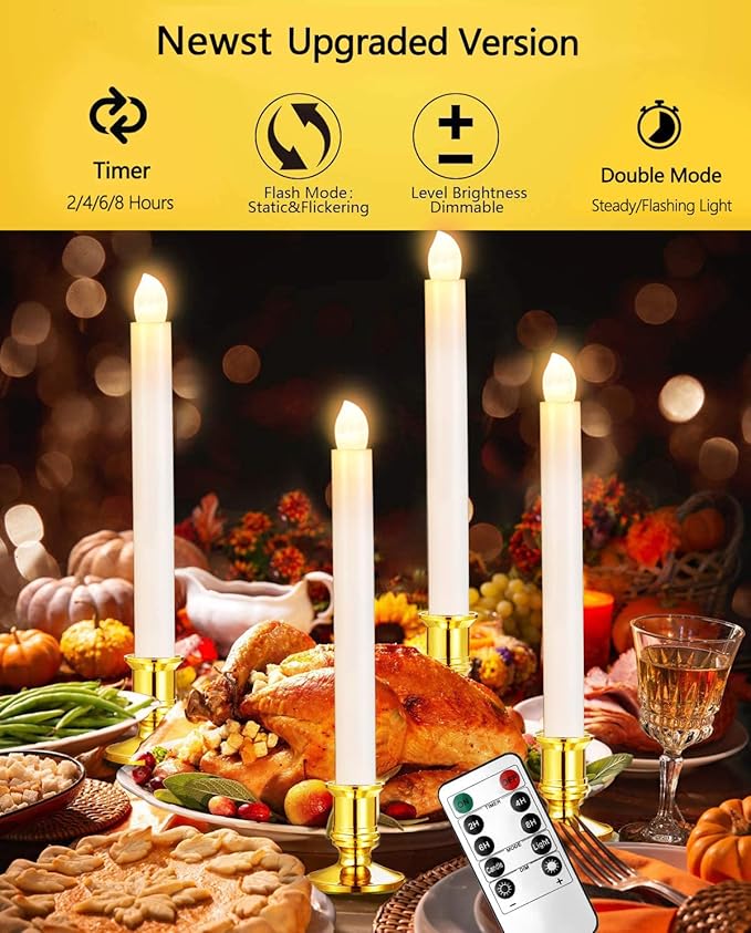 YAUNGEL Window Candles, 6 Pack LED Christmas Candles for Windows with Timer Electric Candle Lights Gold Base