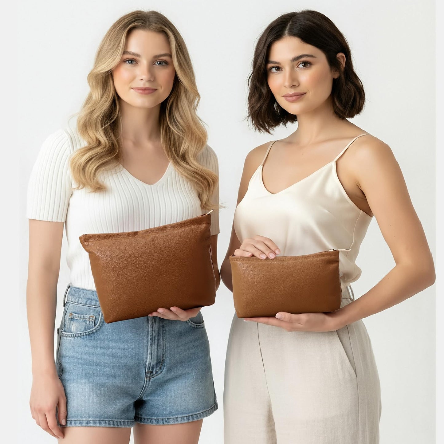 Kigeli 2 Pcs Small Makeup Bag Set for Purse PU Leather Cosmetic Bag Makeup Travel Toiletry Pouch Aesthetic Preppy Organizer Storage Pouch Gift for Teacher Mother Day Women(Brown)