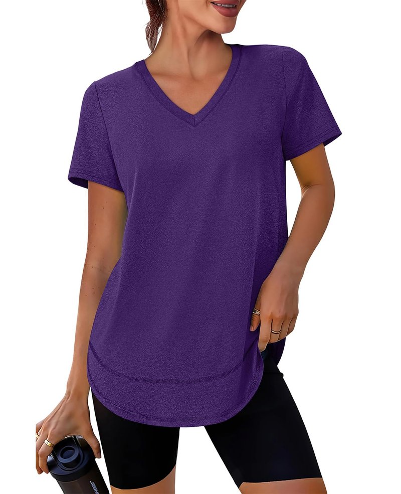 Workout Tops for Women Spring Summer Short Sleeve Golf Outfits Gym Essentials Activewear Running Shirts V Neck Purple S