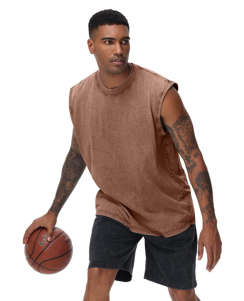 Mens Workout Tank Tops Sleeveless Tee Shirts Men Muscle Shirt Gym Acid Wash T Shirts Running Beach Loose Fit Tee(CF,XL) Coffee