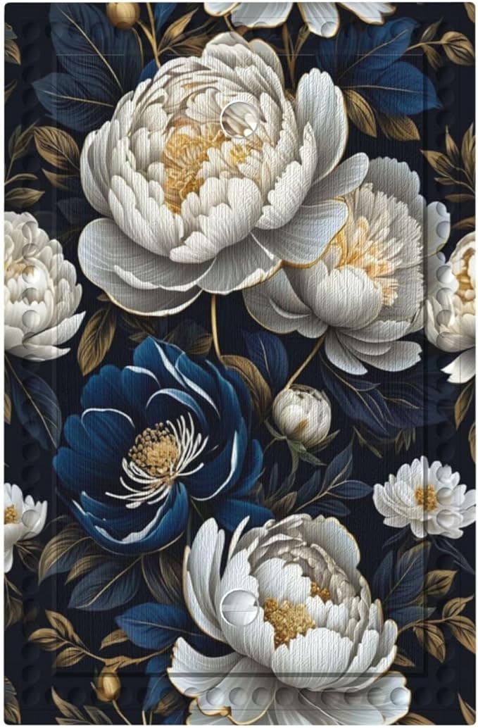 White Gold Blue Flower Light Switch Covers No Device Wall Plate 1 Gang Decorative Blank Switchplate Electrical Faceplate for Country Living Bedroom Decor