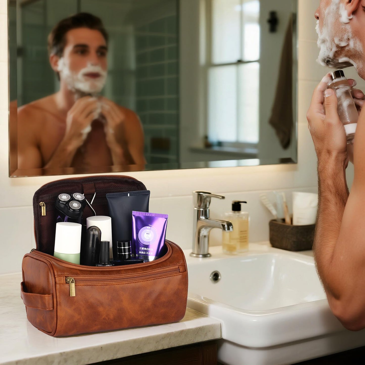 OXYEFEI Personalized Toiletry Bag for Men,Personalized Gifts for Men,Engraved Initial PU Leather Mens Toiletry Travel Shaving Travel Essentials Toiletries Bag for Him Birthday (W, Light Brown)