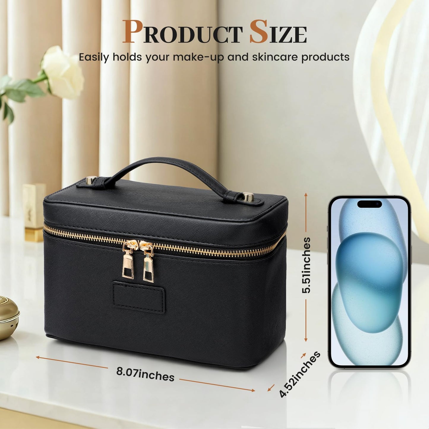 Tawd Makeup Bag Vanity Case with Removable Organizer Divider Waterproof Leather Portable Cosmetic Bag Travel Toiletry Bags Makeup Organizer Case