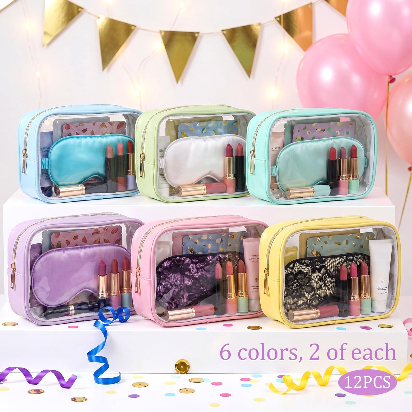 Abbylike 12 Pcs Clear Makeup Bags Bulk PU Leather Portable Travel Cosmetic Case Small Toiletry Bag with Zipper Car Console Organizer Waterproof Pouch for Women Birthday Gifts (Macaron Colors)