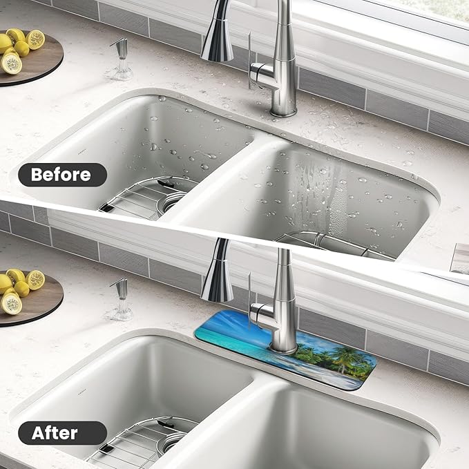 Beach Tropical Palm Tree Waves Travel Island Kitchen Sink Splash Guard Faucet