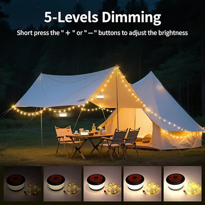 Camping String Lights, 3 in 1 Outdoor Camping Light with 6 Lighting Modes, Quick Storage 32.8FT Rechargeable Tent Lantern, Portable LED Hanging Light for Outdoor Patio Awning Garden Party