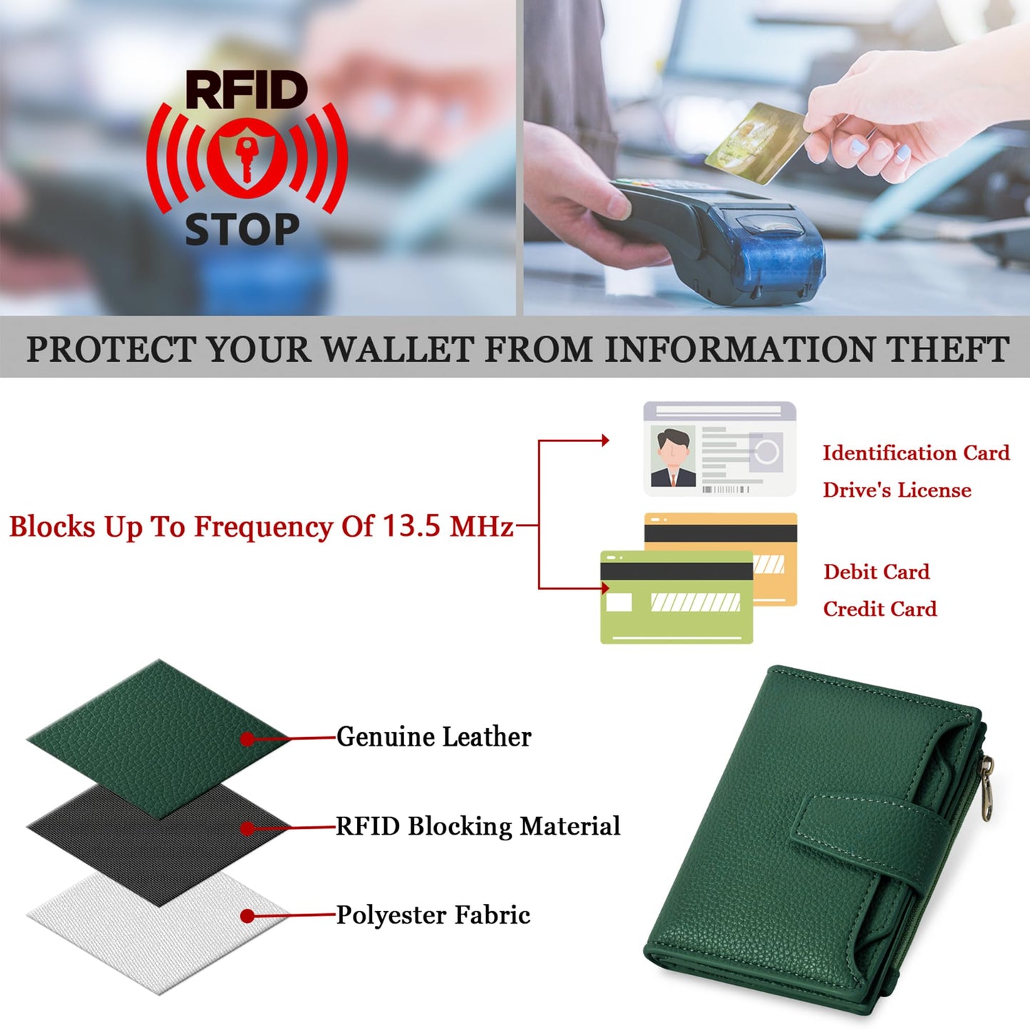 Airkit Small Wallet Women RFID Blocking Soft Leather Bifold Compact Card Holder Wallet for Women with Zipper Coin Pocket 4 ID Window