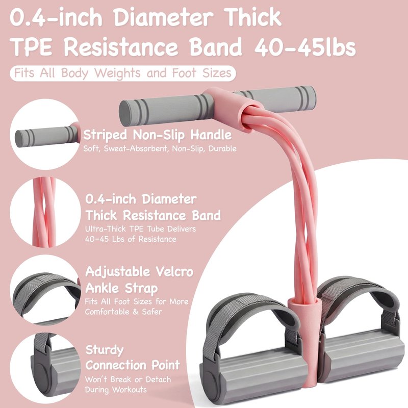 Upgraded Adjustable Ankle Strap Resistance Band with Handle,0.4-inch Diameter Each Thick TPE Tube 40-45lbs,Suitable for All Weights & Foot Sizes, Full-Body Workout (Pink)