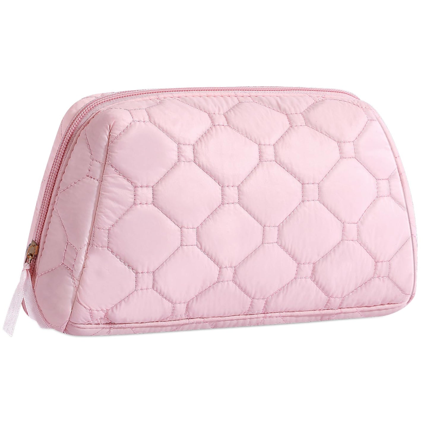 senbowe Small Makeup Bag,Travel Cosmetic Bag, Pink Puffy Padded Make Up Bag for Women, Wide-open Cute Makeup Bag Pouch Purse, Quilted Toiletry Makeup Organizer Bag with PVC Pockets,Travel Essentials