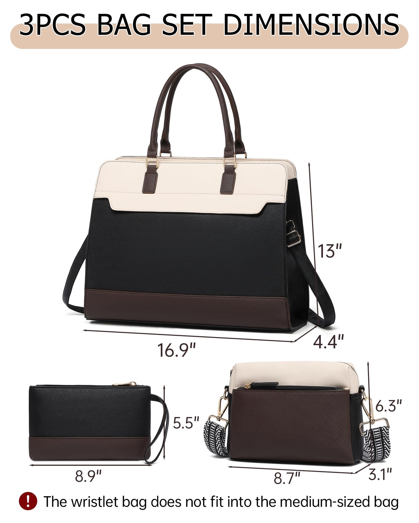 Laptop Bag for Women, 3PCS Vegan Leather Tote Bag for Work with 2 Shoulder Straps, Teacher Purse Office Handbag Computer Briefcase Gifts