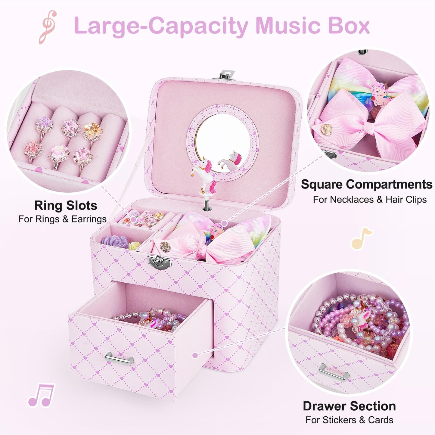 Basumee Musical Jewelry Box for Girls PU Leather Music Box with Drawer Large Kids Jewelry Organizer with Unicorn/Ballerina Jewelry Storage for Little Girls Ages 3–10, Birthday & Holiday Present