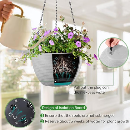 Set of 2 10 Inch Self Watering Hanging Planters for Indoor Outdoor Plants, Light Textured Hanging Baskets Flower Pots with Drainage Hole & Plug and 20" Chain Hanger