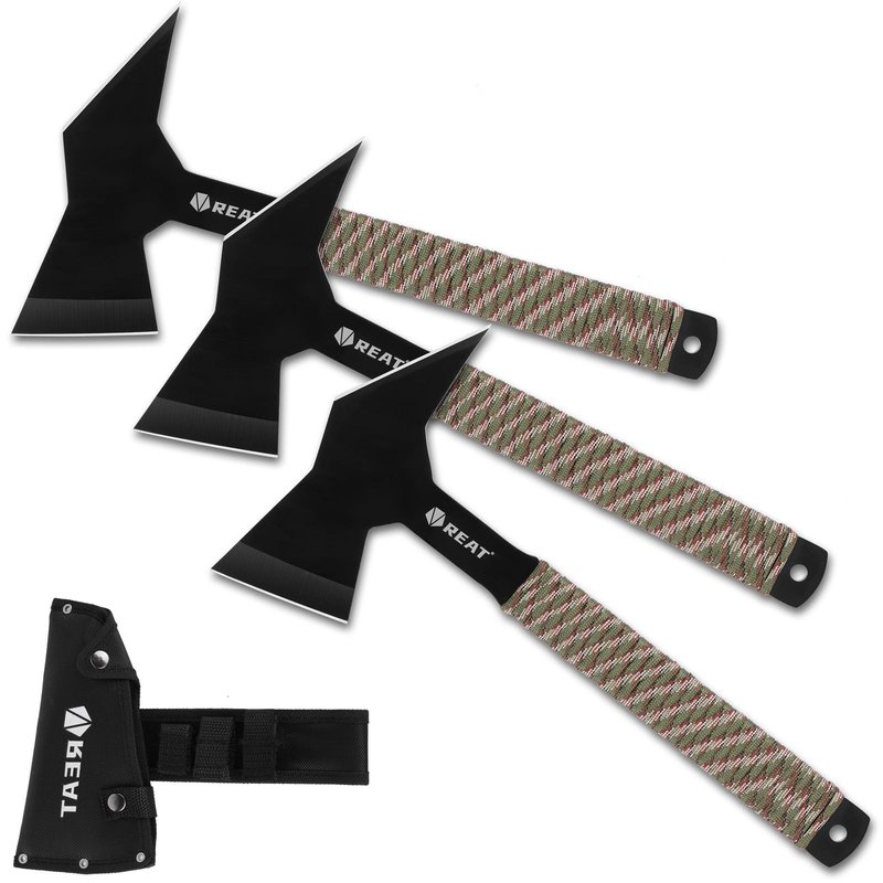 REAT Throwing Axe Set with Sheath - 3 Pack, 11" Full Tang Design with Black Coating,Cord-Wrapped Handle, Throwing Axes for Recreation,Competition,Gifts for Men,Women