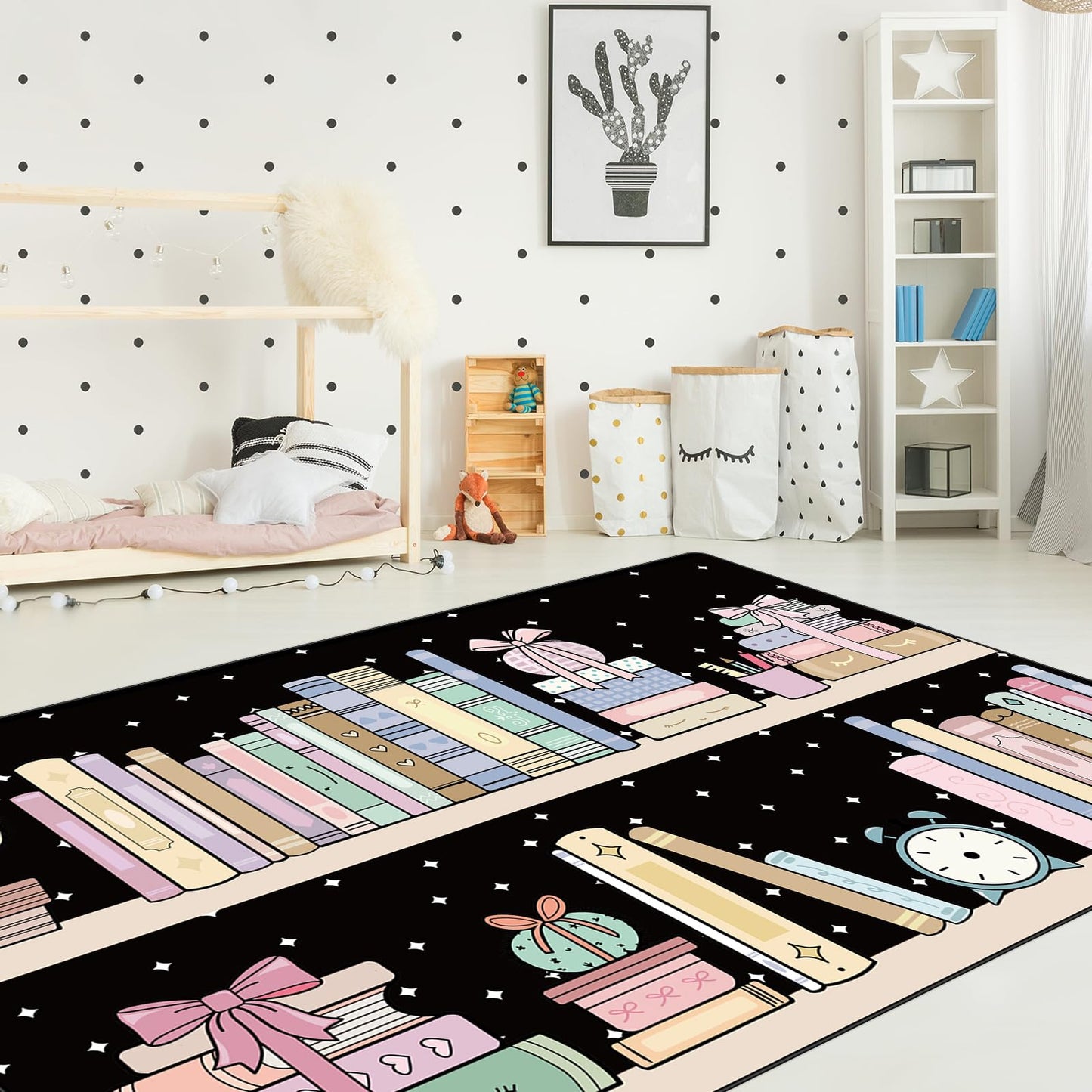 Klyyo Clyro Bookshelf with Dots Rug 5' x 7.6' Pastel Classroom Rug Non Slip Washable Large Educational Carpets for Classroom Nursery Library Playroom Bedroom Reading Decor