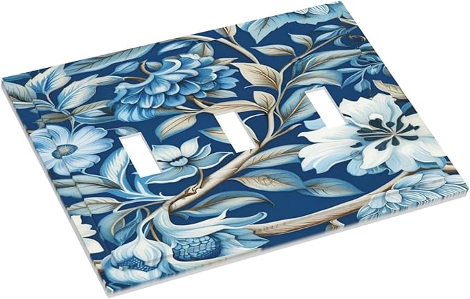 Blue Flowers Branches Leaves Floral Pattern Light Switch Covers 3 Gang Triple Toggle Wall Plate Decorative Switchplate Electrical Faceplate for Farmhouse Living Decor