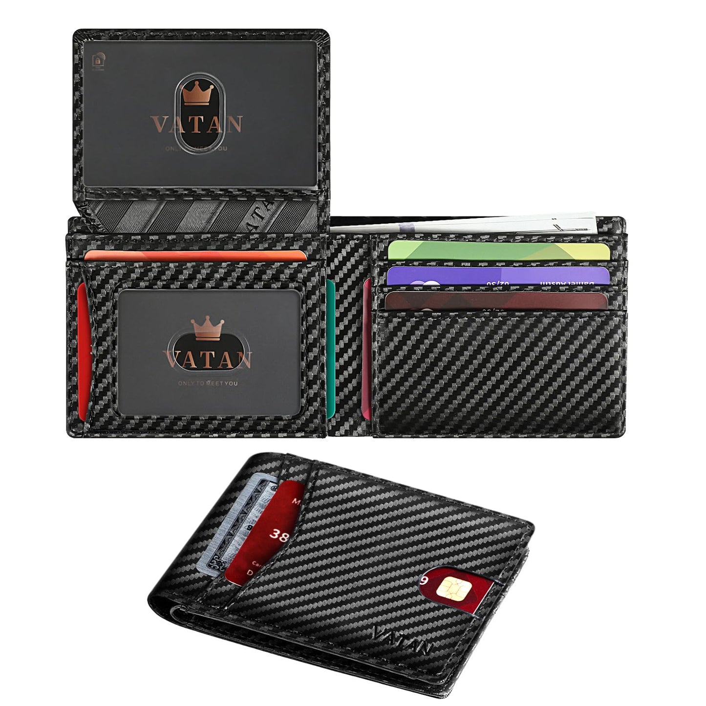 VATAN Wallet for Men Slim RFID Blocking Leather Credit Card Holder Wallet for 15 Cards, Bifold Minimalist Thin Wallet with 2 ID Windows & Cash Slot, With Gift Box (Carbon Fiber Black)