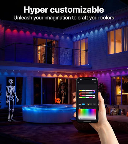 200FT RGB+IC LED Permanent Outdoor Lights, Eave Lights with Smart APP & Remote Control, 72 Scene Modes, Waterproof IP65 for Holiday Christmas Decorations(Extension Cord Not Included)