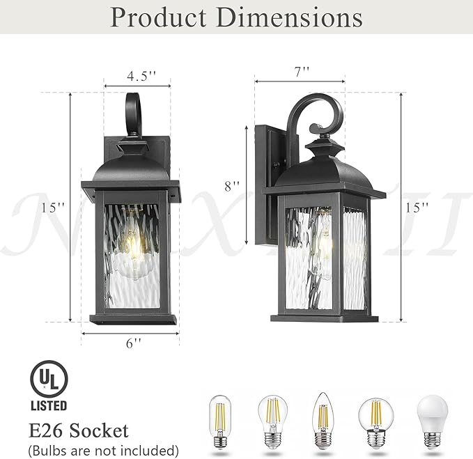 Exterior Lighting Fixtures 15 Inch Black Outdoor Wall Lights with Water Ripple Glass for Porch Front Door E26 Socket